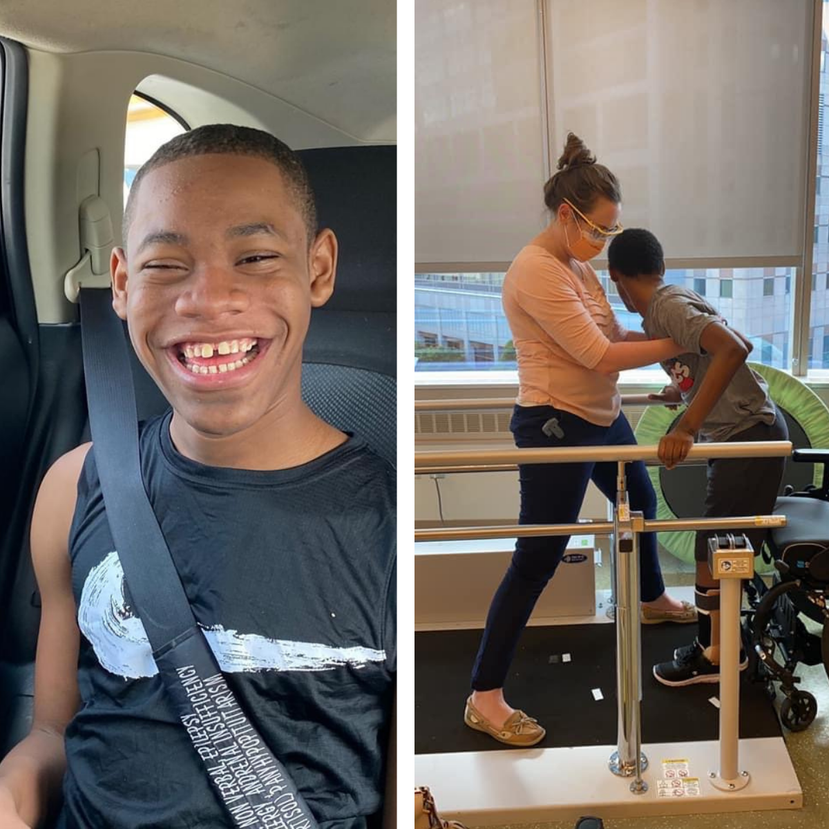 A boy walking with a physical therapist, and him smiling.