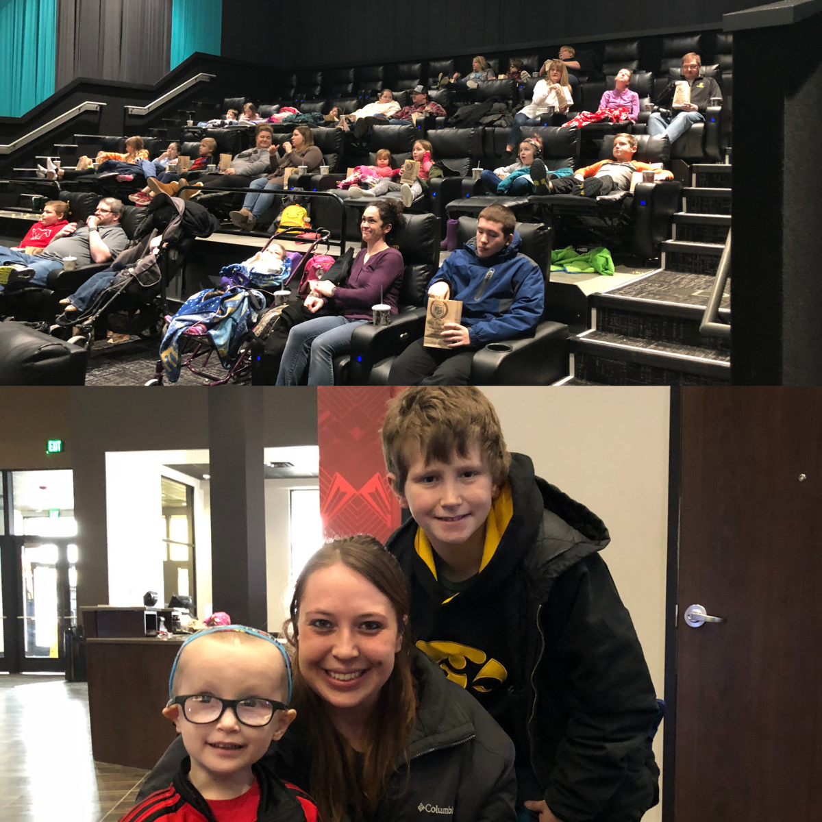 A theater of individuals watching an accessible movie, and a family excited to watch the movie.